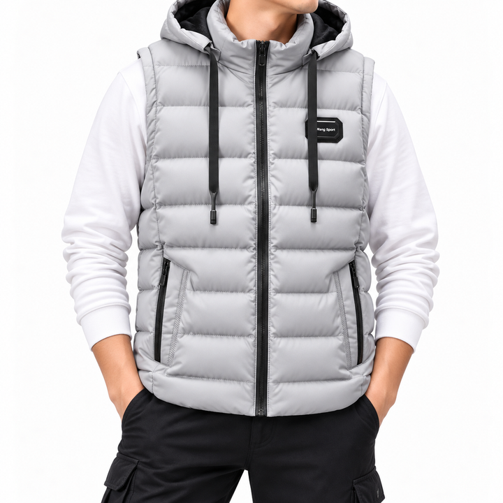 Man wearing a light gray hooded puffer vest with black zippers and drawstrings over a white sweatshirt and black pants.