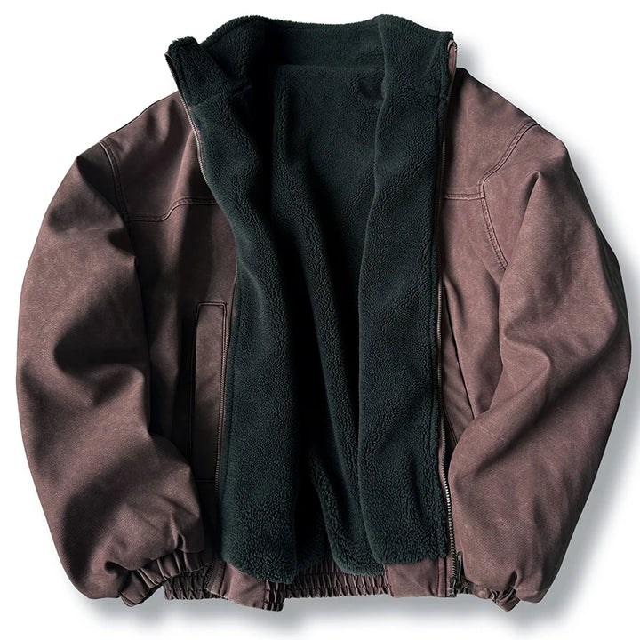Faded brown canvas zip-up jacket lined with plush dark green fleece, shown open in a flat lay on a white background.