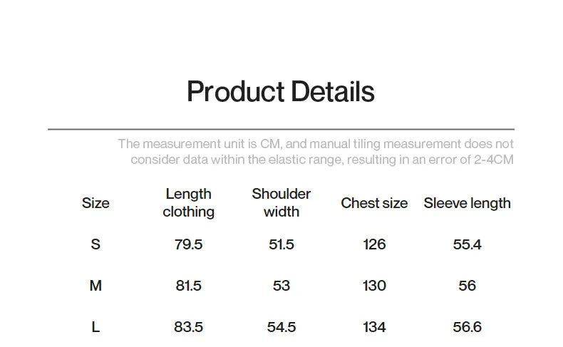 A white product details chart displays sizes S, M, L with corresponding length, shoulder width, chest, and sleeve measurements in centimeters.