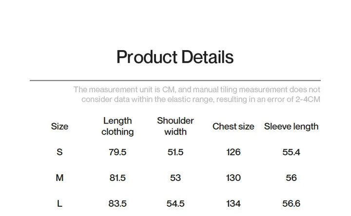 A white product details chart displays sizes S, M, L with corresponding length, shoulder width, chest, and sleeve measurements in centimeters.