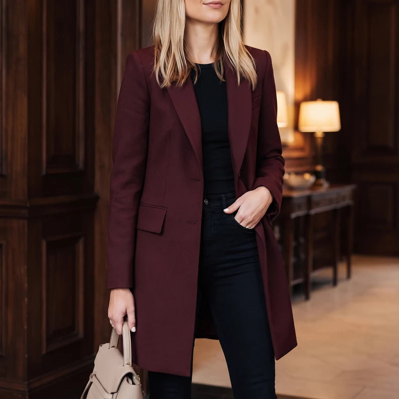 Wine Red blazer in a dark wood interior