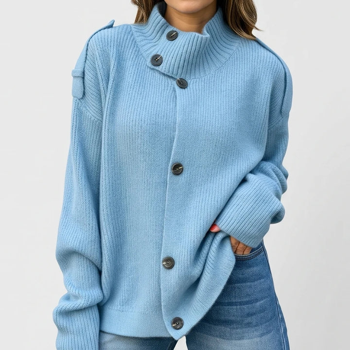 Blue knit cardigan on an off-gray studio background - 2