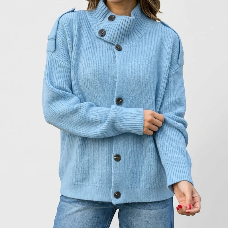 Blue knit cardigan on an off-gray studio background - 3