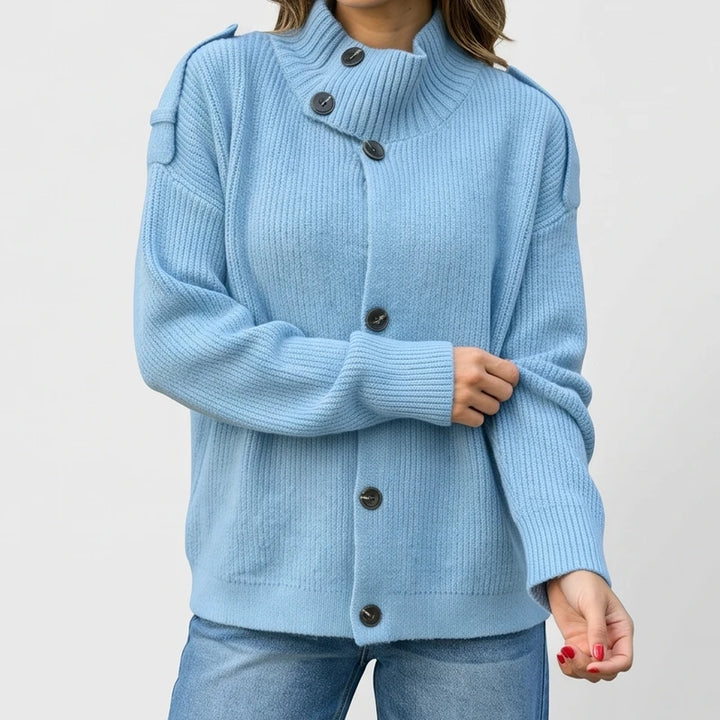Blue knit cardigan on an off-gray studio background - 3