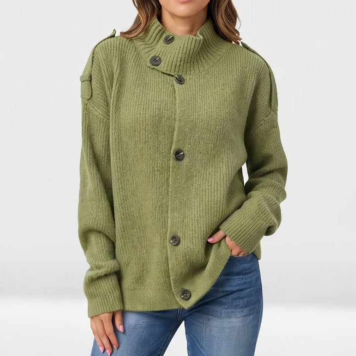 Green knit cardigan on an off-gray studio background - 2