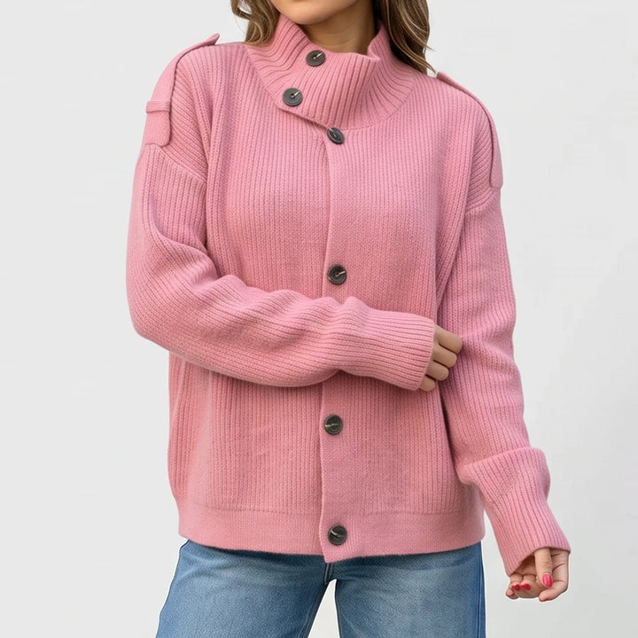 Pink knit cardigan on an off-gray studio background - 2