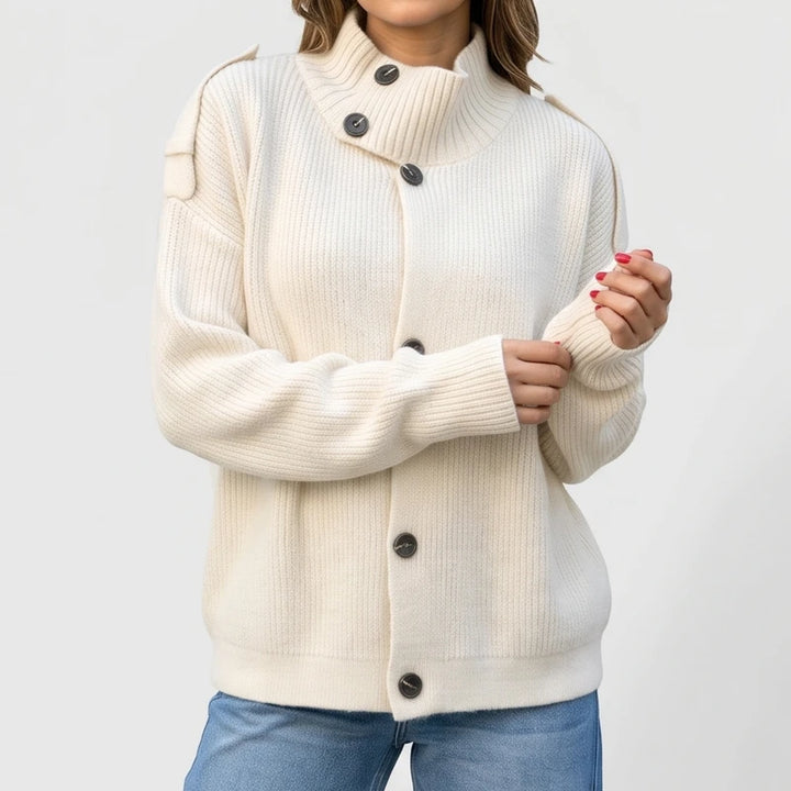 White knit cardigan on an off-gray studio background - 2