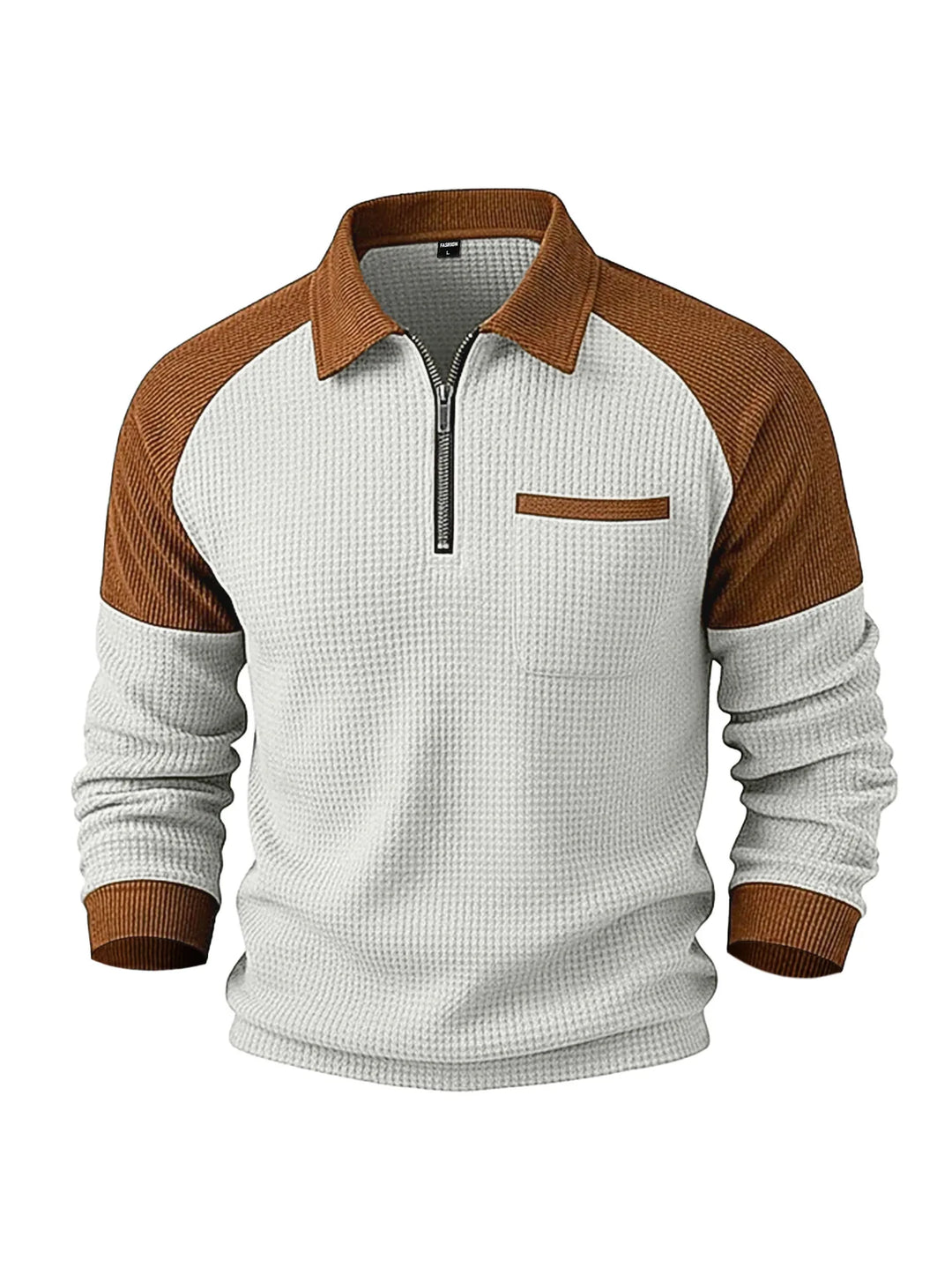 Two-tone half-zip waffle knit pullover in white and brown, featuring a collar, chest pocket, and ribbed cuffs.