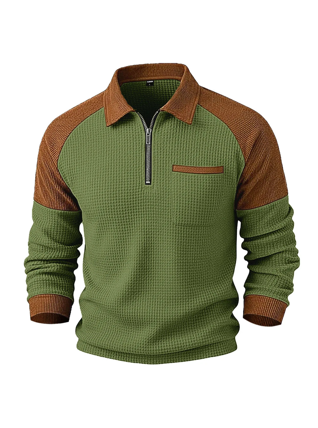 Green and brown color-block knit collared sweatshirt with a waffle texture, half-zip neckline, and a small chest pocket.