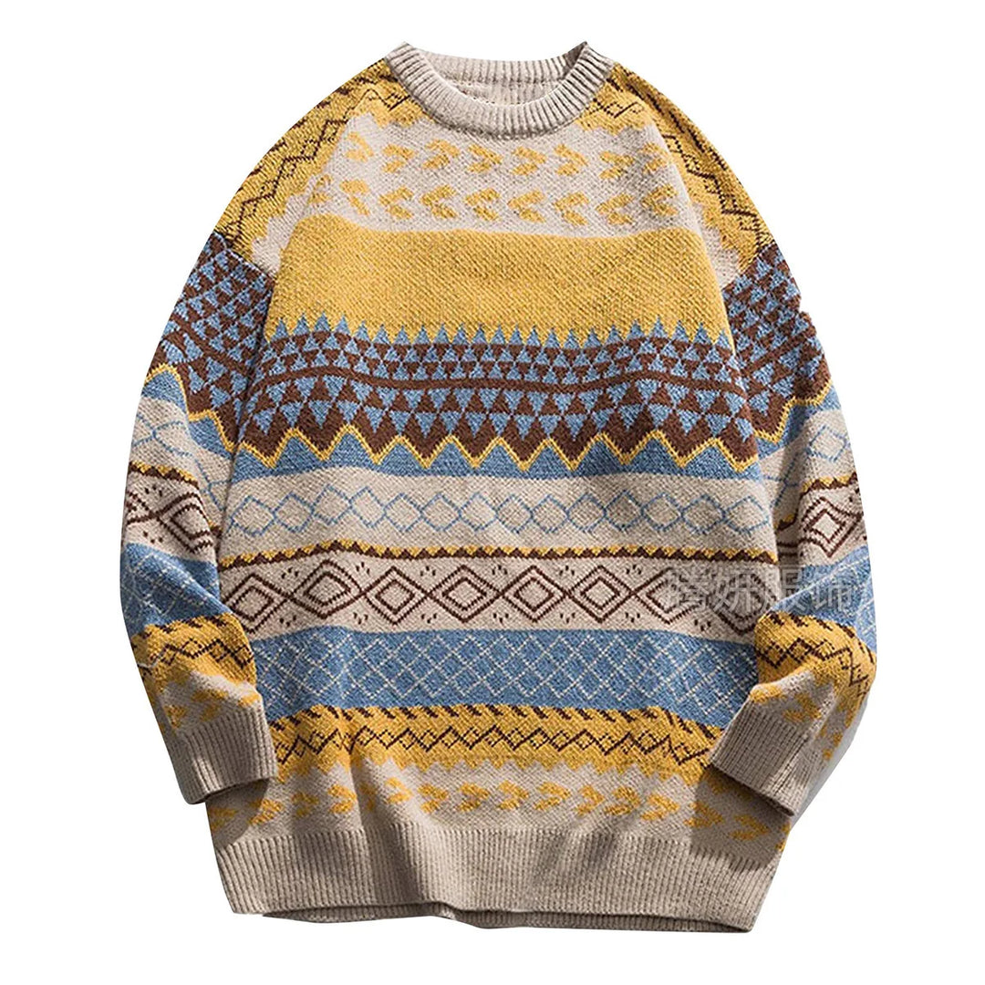 Flat lay of a cozy knit sweater with horizontal stripes in beige, blue, yellow, and brown fair isle patterns.