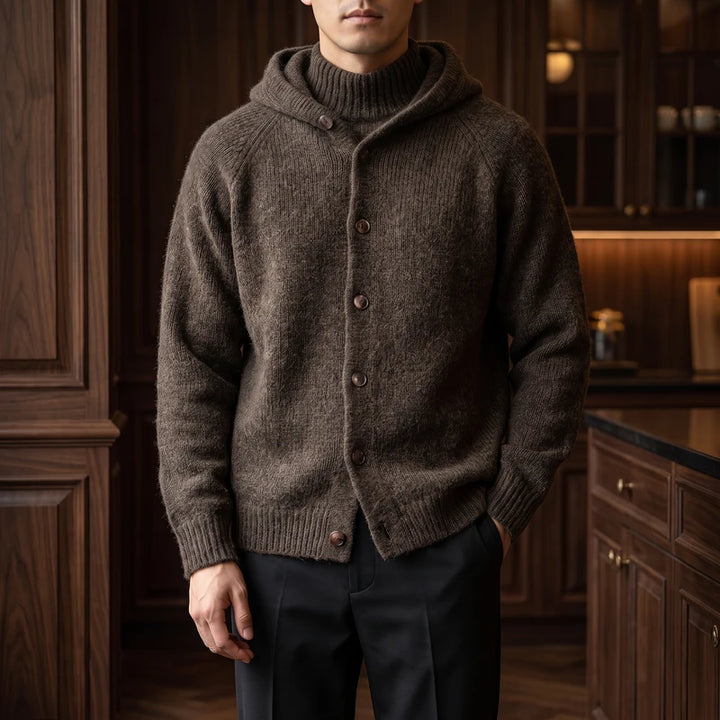 Brown knit hoodies in a dark wood interior
