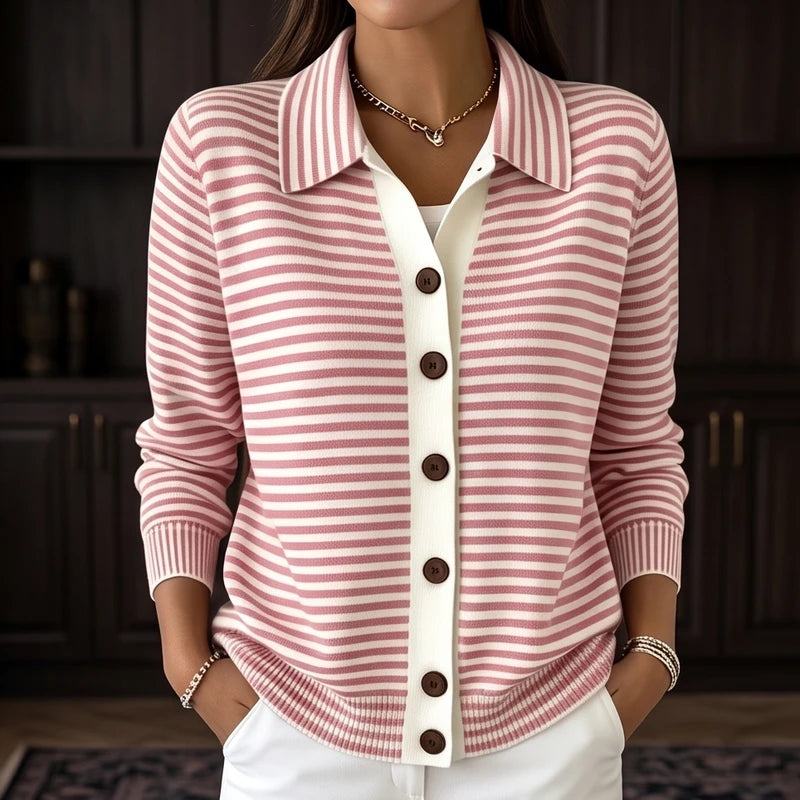 Pink knit sweaters in a dark wood interior