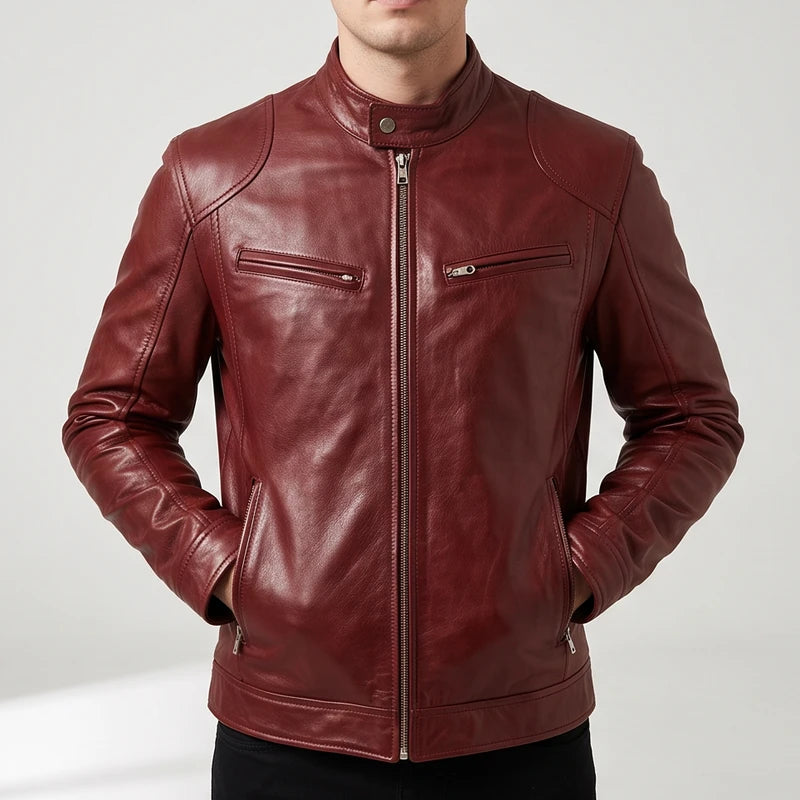 Man wearing a burgundy leather biker jacket with zip pockets, standing with hands in pockets against a plain light background.