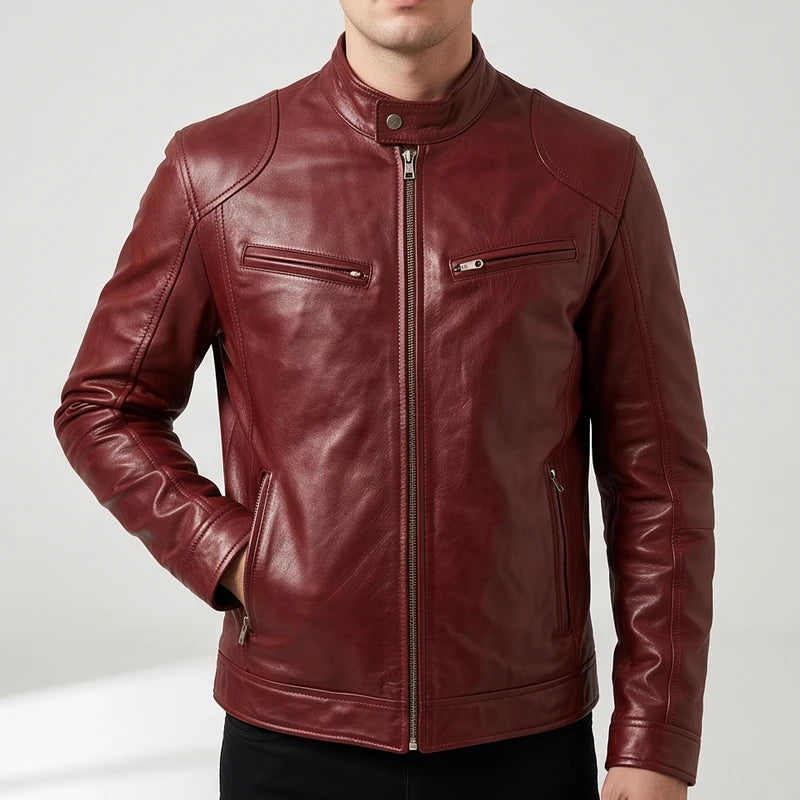 Man wearing a deep red leather biker jacket with front zippered pockets and a snap-button band collar.