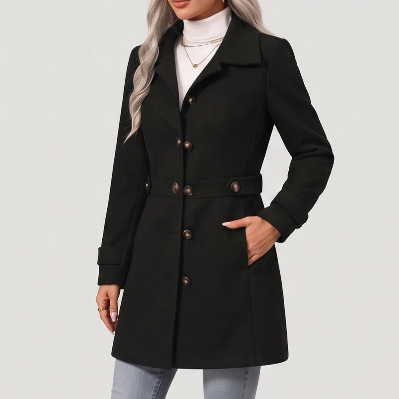 Woman wearing a black long coat with brown buttons and a belted waist, hand in pocket, over a white turtleneck.
