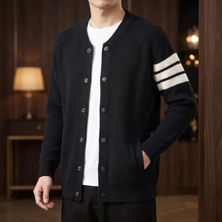 heise knitted cardigan in a dark wood interior