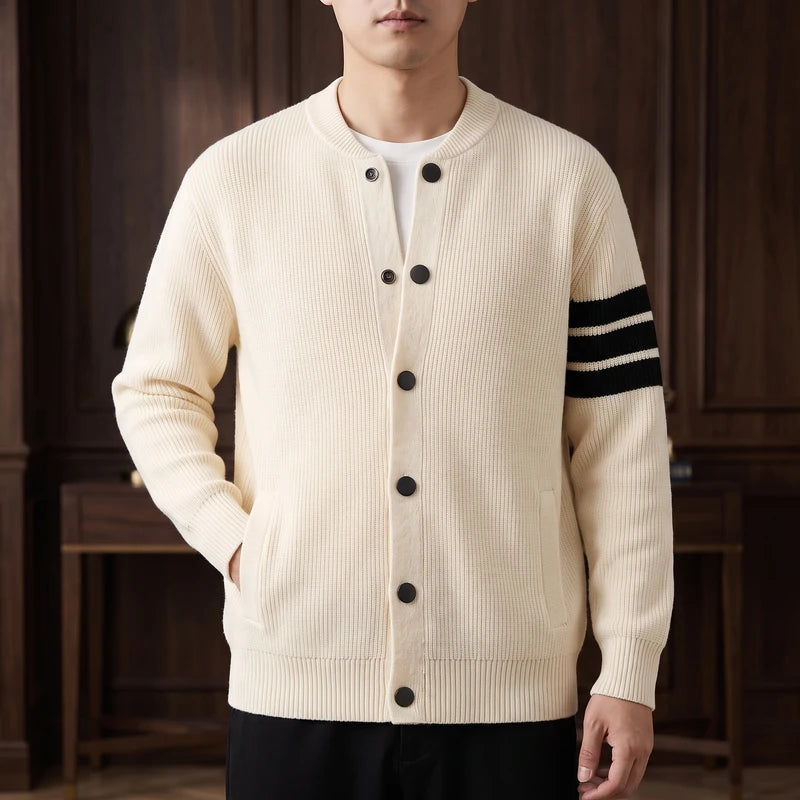 mibai knitted cardigan in a dark wood interior