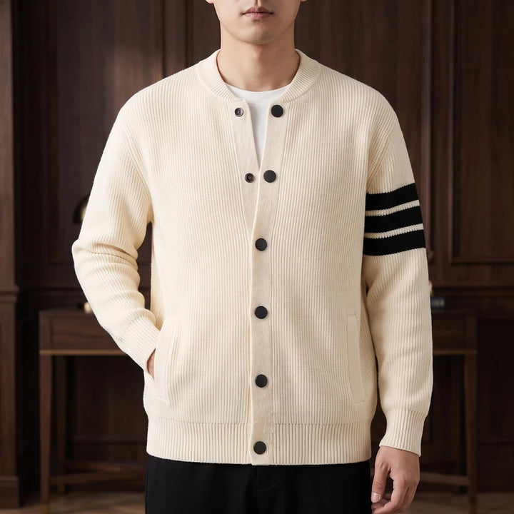 mibai knitted cardigan in a dark wood interior