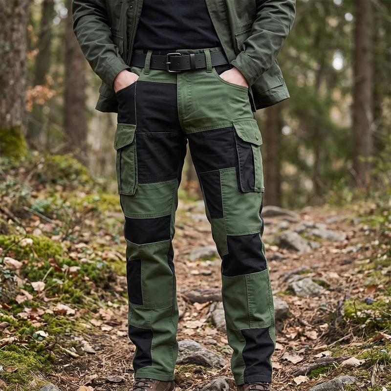 Model wearing Green cotton pants outdoors