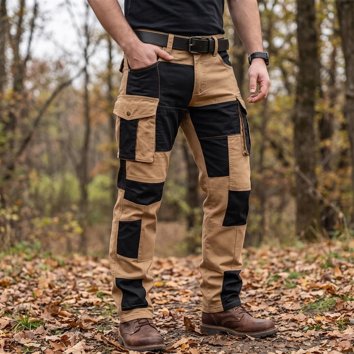 Model wearing Khaki cotton pants outdoors