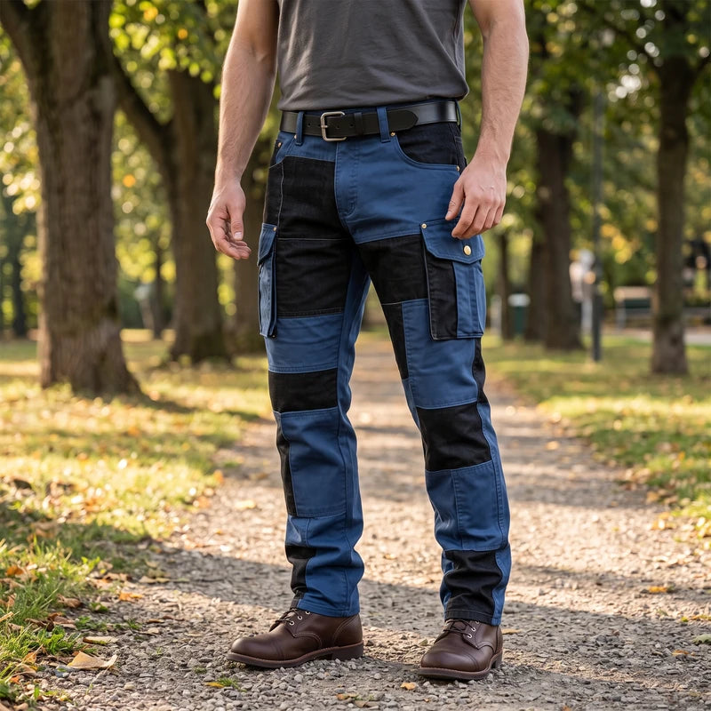 Model wearing Navy cotton pants outdoors