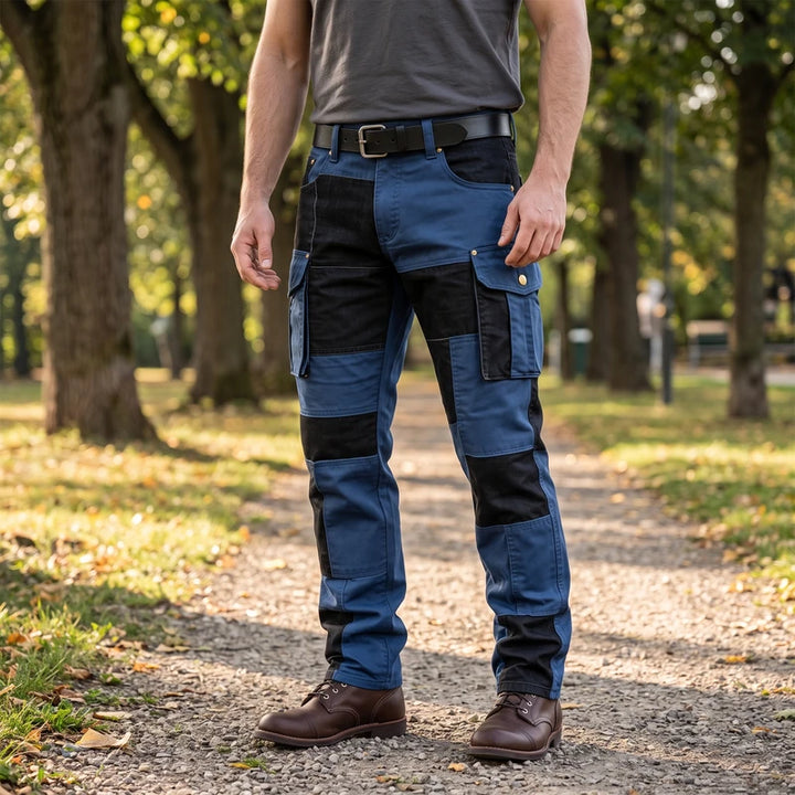 Model wearing Navy cotton pants outdoors