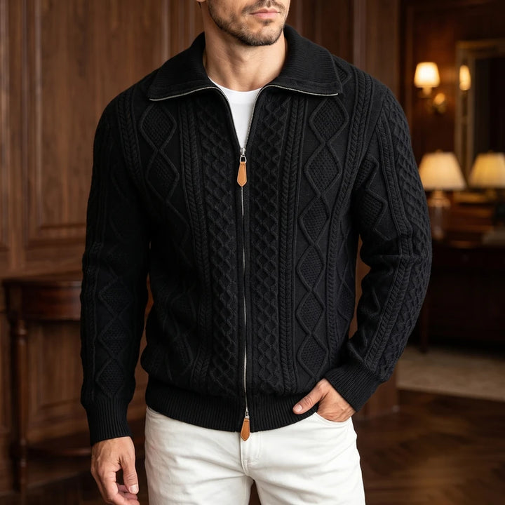 Black knit cardigan in a dark wood interior