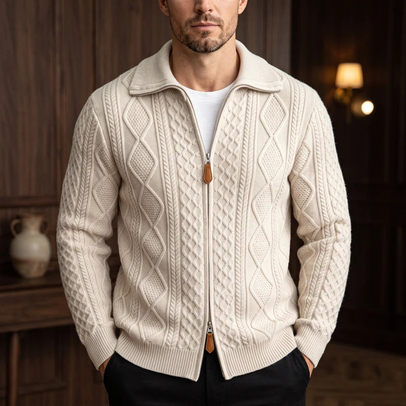Creamy apricot knit cardigan in a dark wood interior