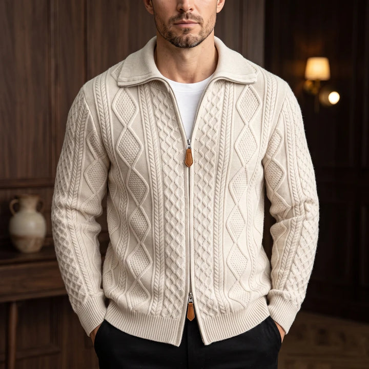 Creamy apricot knit cardigan in a dark wood interior