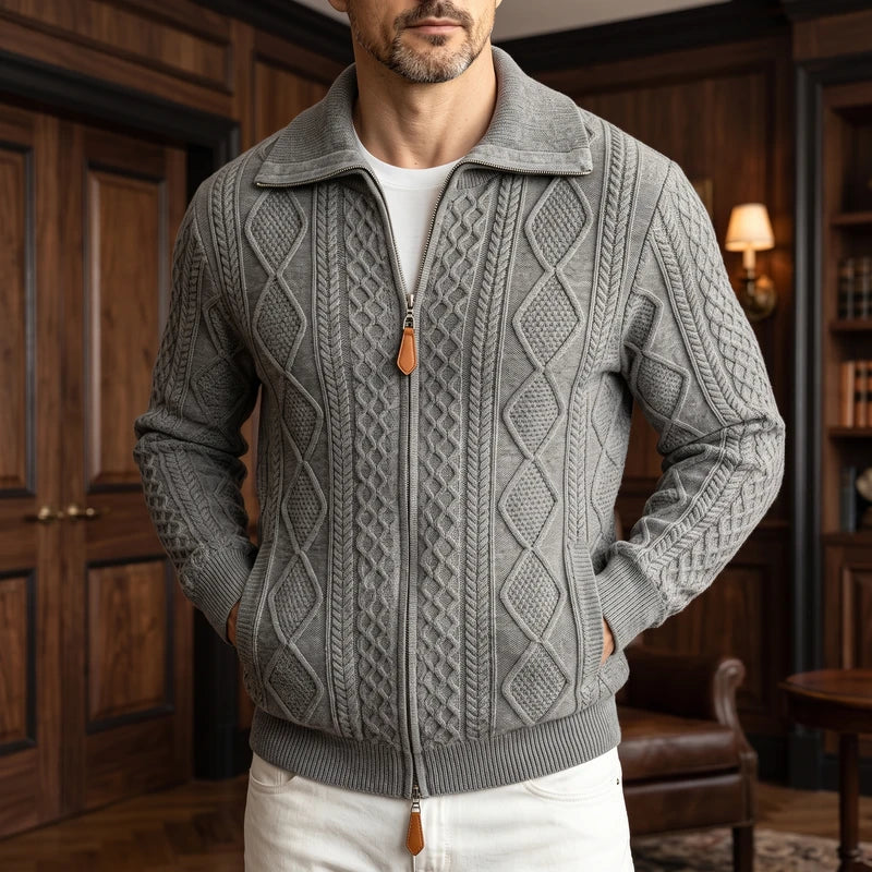 Gray knit cardigan in a dark wood interior
