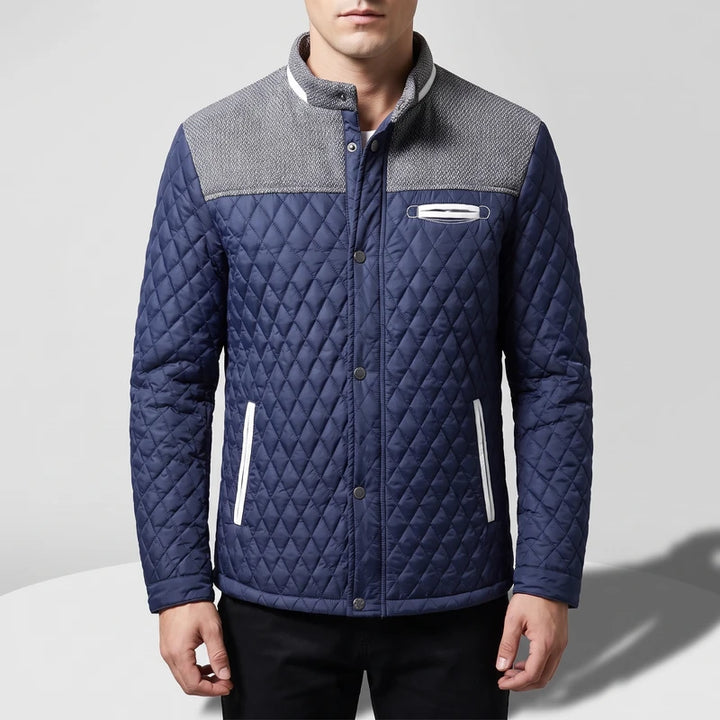 Blue cotton coat on an off-gray studio background