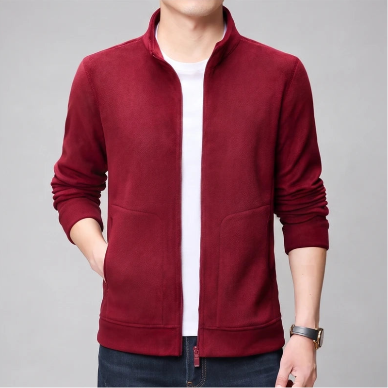 Burgundy fleece jacket on an off-gray studio background - 2
