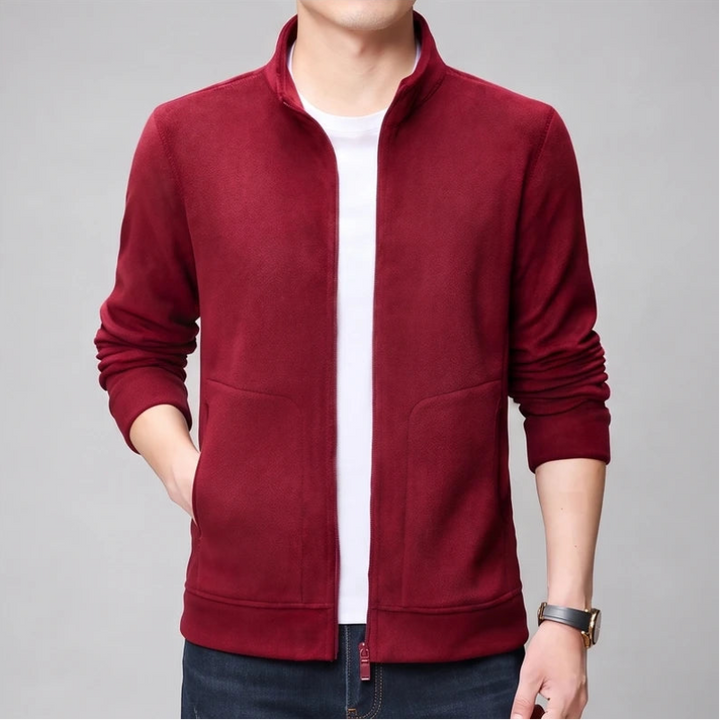 Burgundy fleece jacket on an off-gray studio background - 2