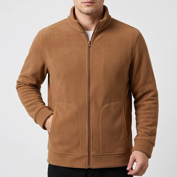 Camel Brown fleece jacket on an off-gray studio background