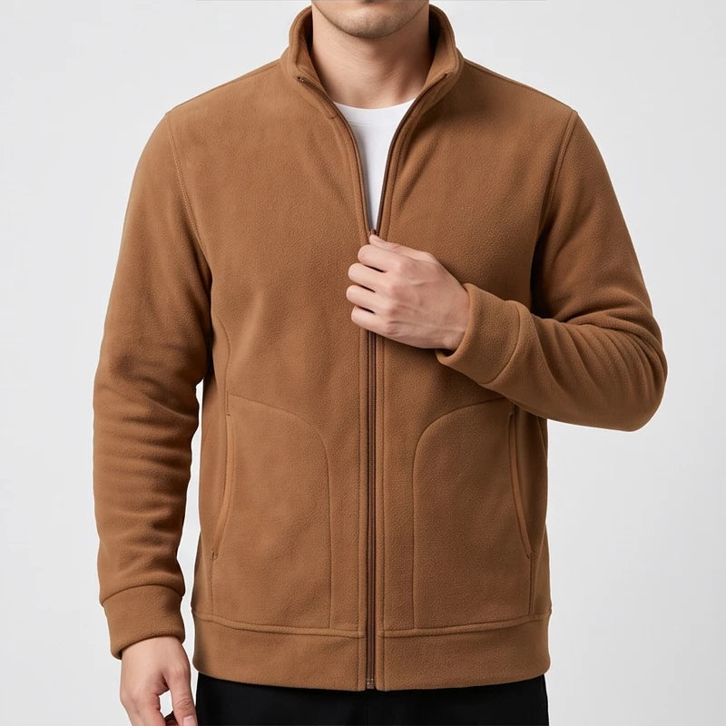 Camel Brown fleece jacket on an off-gray studio background - 2