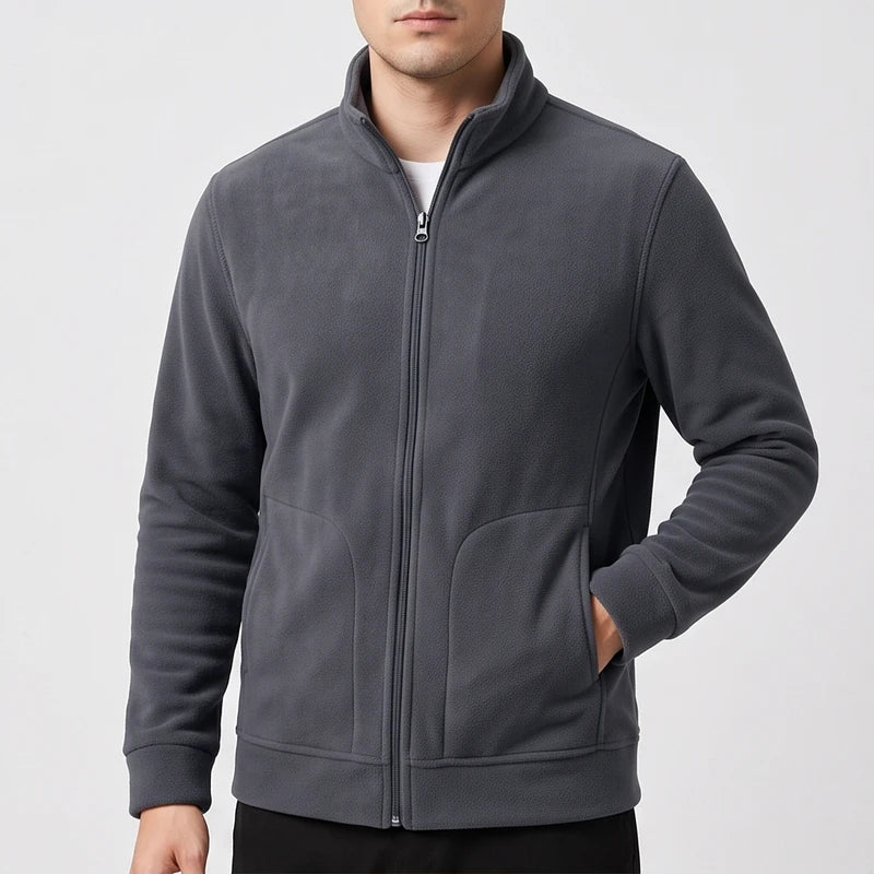 Charcoal Gray fleece jacket on an off-gray studio background