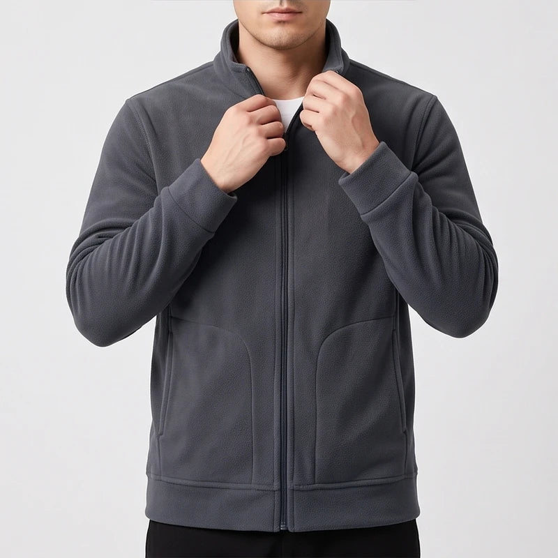 Charcoal Gray fleece jacket on an off-gray studio background - 2