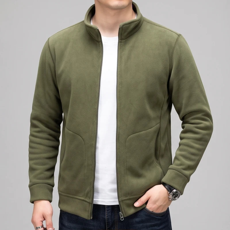 Olive Green fleece jacket on an off-gray studio background