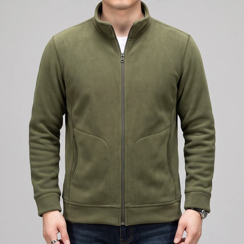 Olive Green fleece jacket on an off-gray studio background - 2