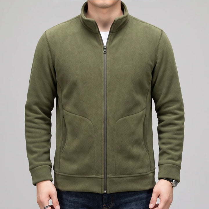 Olive Green fleece jacket on an off-gray studio background - 2