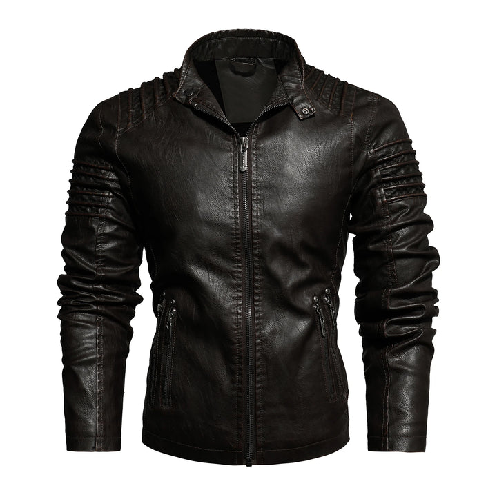 Dark brown leather jacket with a zippered front, mandarin collar, quilted shoulder panels, and multiple zipped pockets.