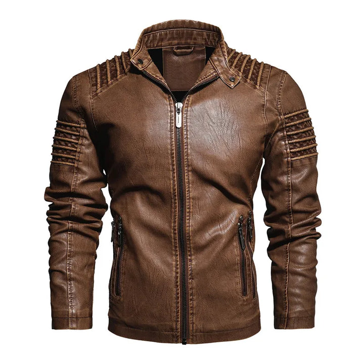 Front view of a brown leather jacket with ribbed shoulders and sleeves, zippered pockets, and a snap-button collar.
