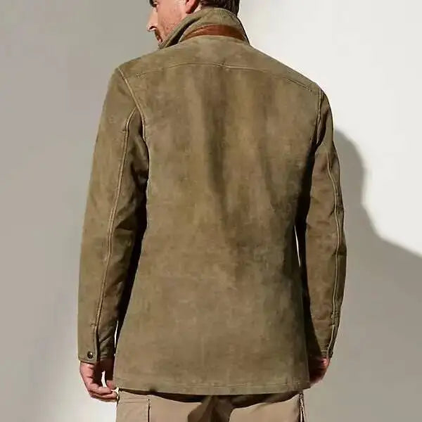 Man wearing a rugged olive green suede jacket with a contrasting brown collar, seen from the back.