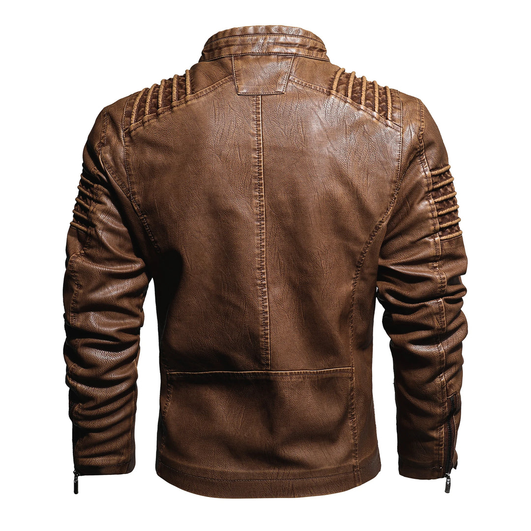 Back view of a distressed brown leather jacket featuring ribbed panels on the shoulders and upper arms.