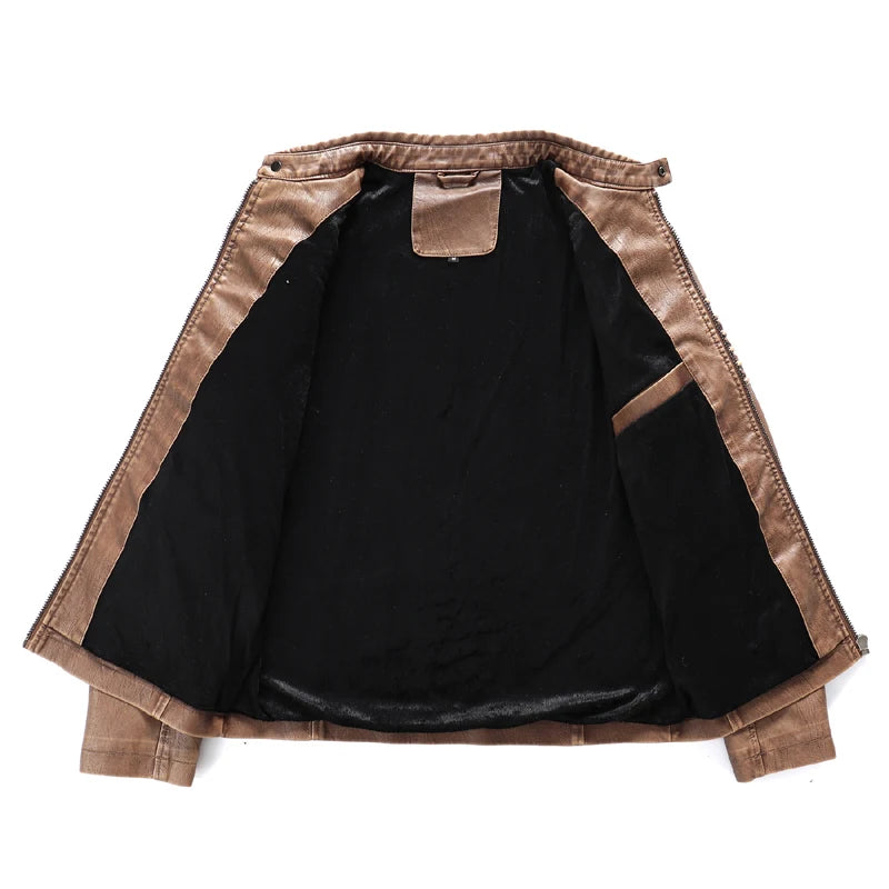 Flat lay of an open brown leather jacket, revealing its black plush lining and an interior pocket.