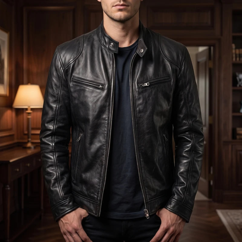 Black leather jacket in a dark wood interior