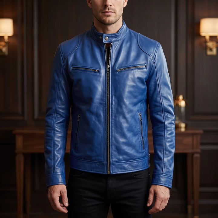 Blue leather jacket in a dark wood interior