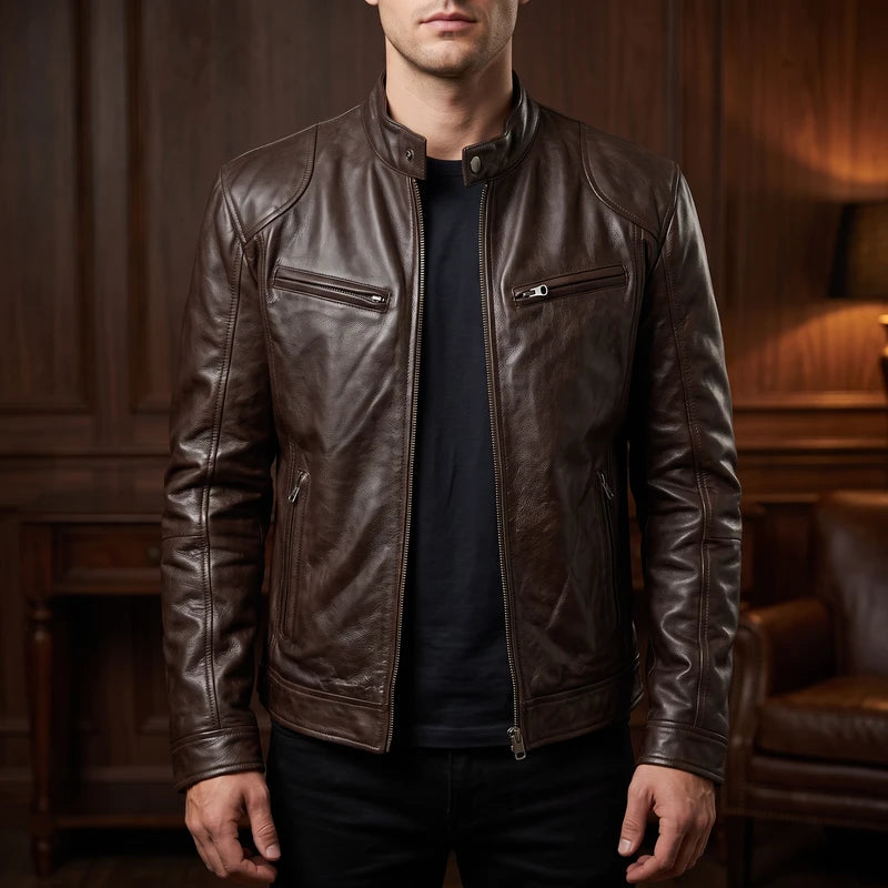 Brown leather jacket in a dark wood interior