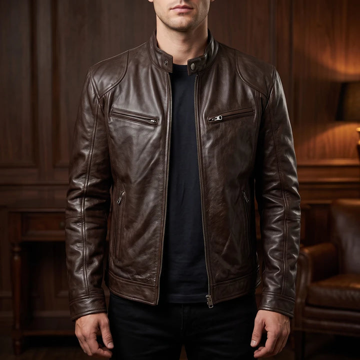 Brown leather jacket in a dark wood interior