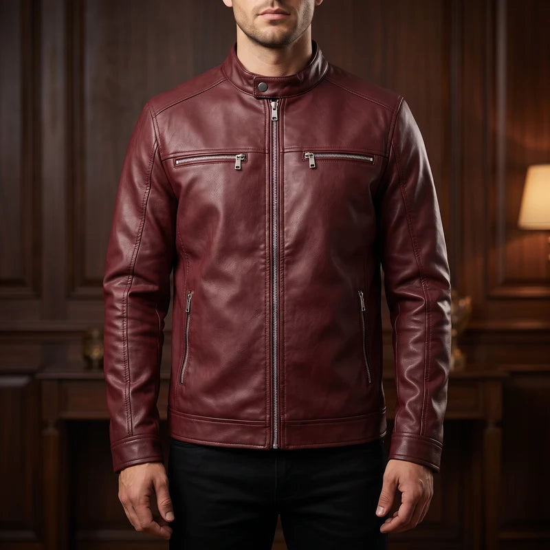 Burgundy leather jacket in a dark wood interior